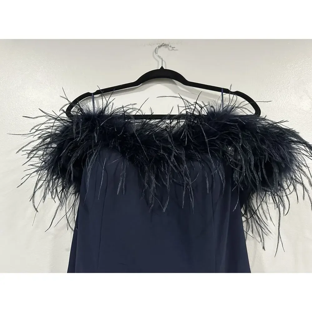 Alex Evenings Off-the-Shoulder Jersey Gown Slit Maribou Feather Trim Navy 14 NEW